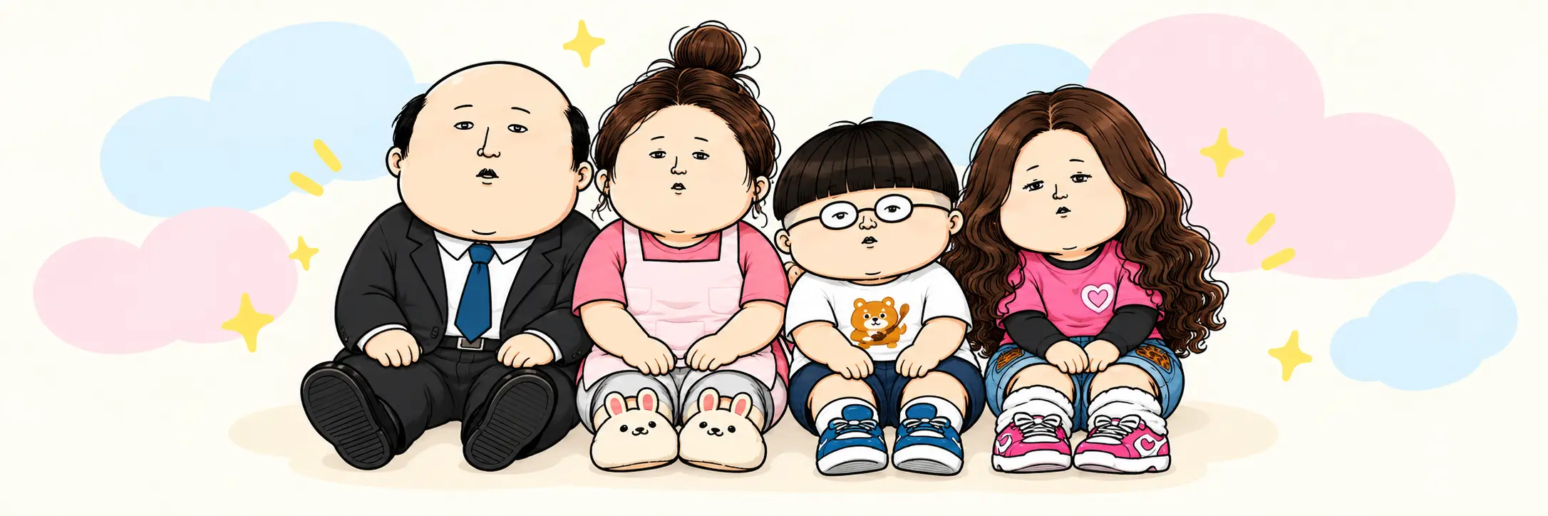 やる気一家の4人が仲良く並んで座っているイラスト
